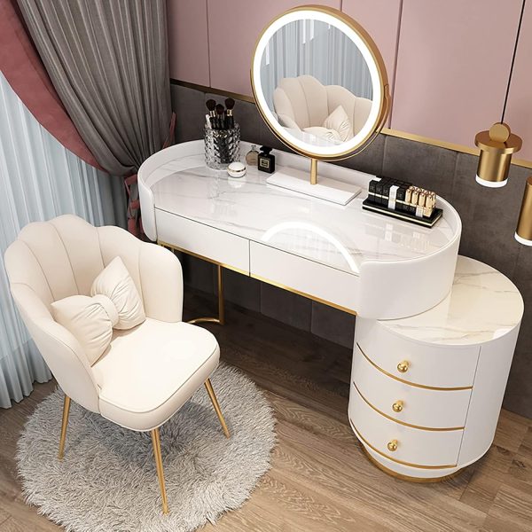 Makeup Dressing Table Set with Fenced Design, Vanity Table Set with 3 Color Dimming Lighted Mirror, Storage Shelves, Cushioned Stool & Drawer Cosmetic Storage Organizer Table for Bedroom Vanities Desk