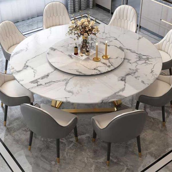 Classic European Style Dining Table Chairs 6 8 Seater Stainless Steel Triangle Base Marble Top Round Dining Tables Set