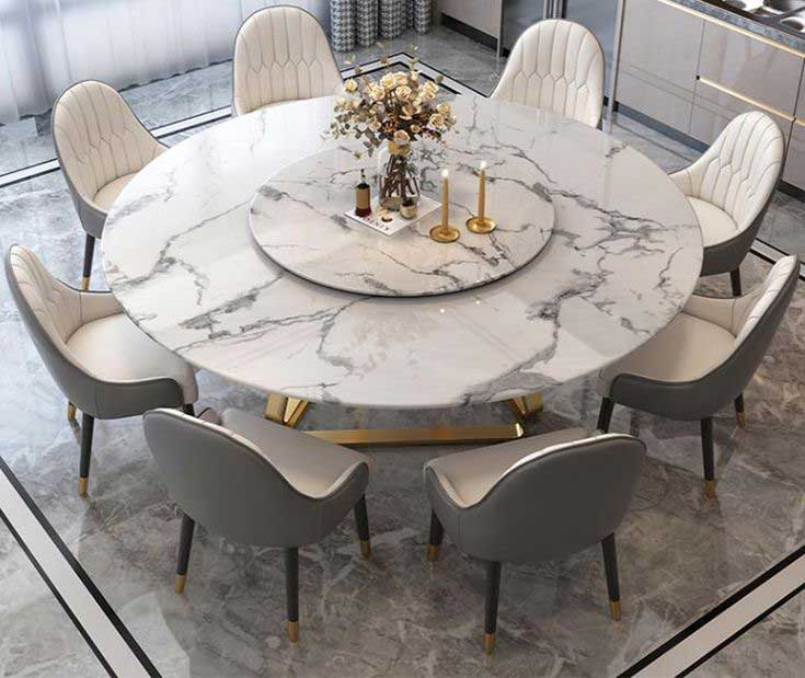 Classic European Style Dining Table Chairs 6 8 Seater Stainless Steel Triangle Base Marble Top Round Dining Tables Set